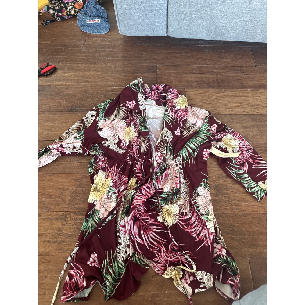 Kiyonna Womens 1X Tropical Floral Wrap Cardigan Burgundy Hibiscus Made in USA‎